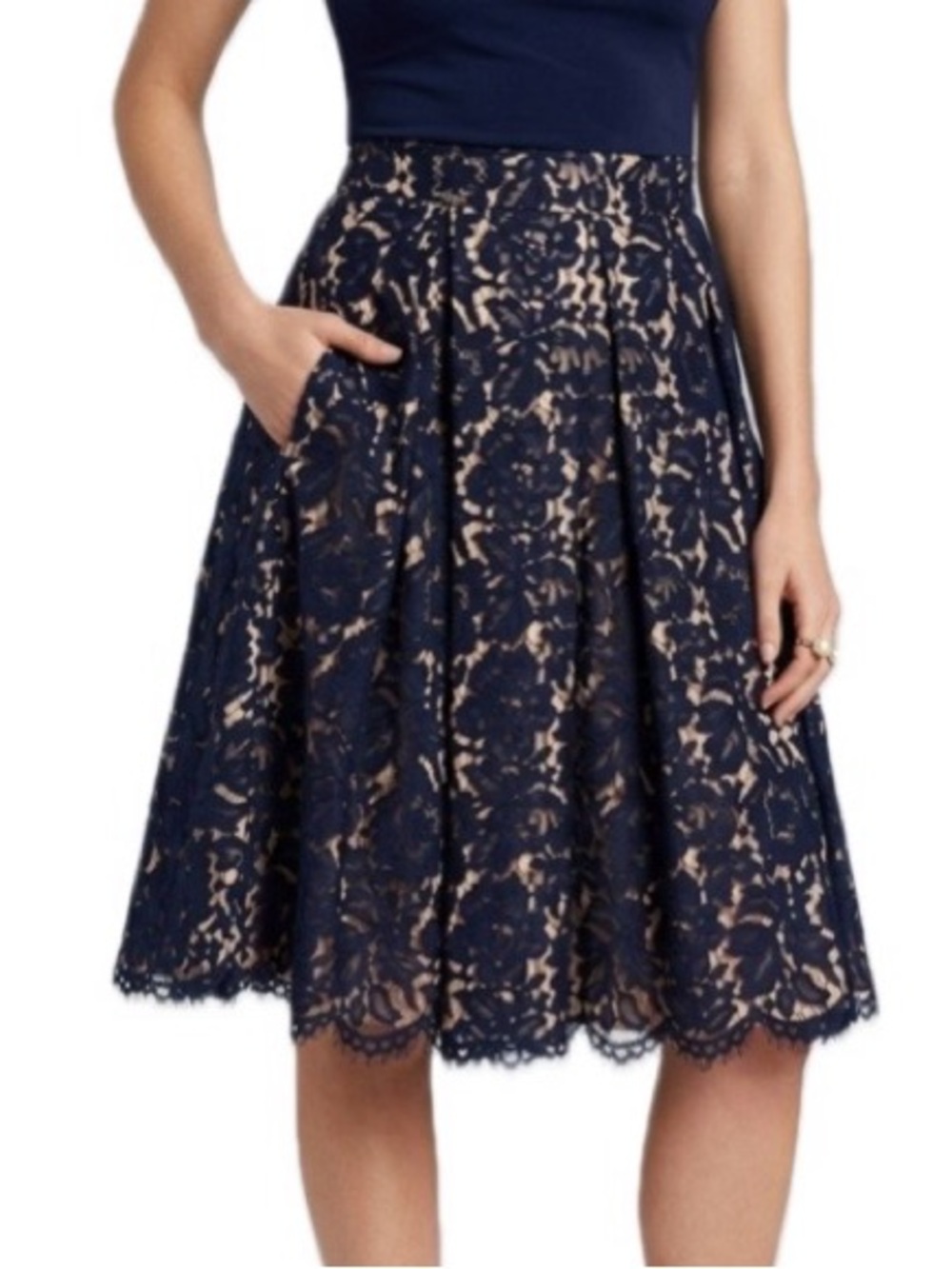 Eliza J Navy Floral Lace Midi Skirt Size 8 Full A-Line Pockets Tulle Mesh Lined